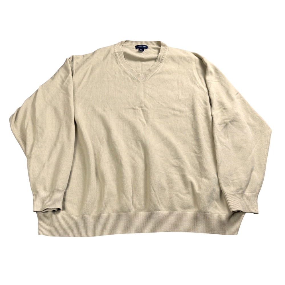 Lands' End V-Neck Sweater Mens 4XL Beige Tan Knit Pullover Casual Classic